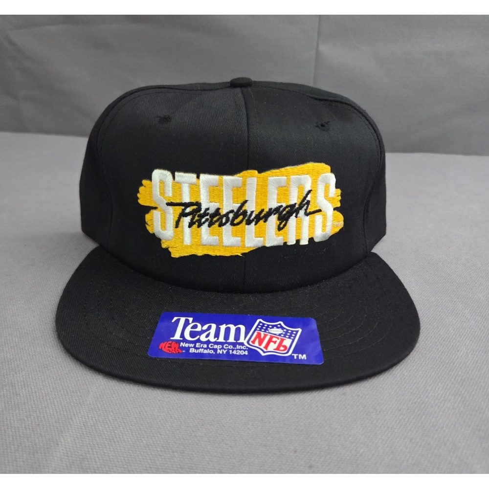 Vintage Pittsburgh Steelers Hat Mens Snapback Black Yellow Brush Stroke NFL Cap